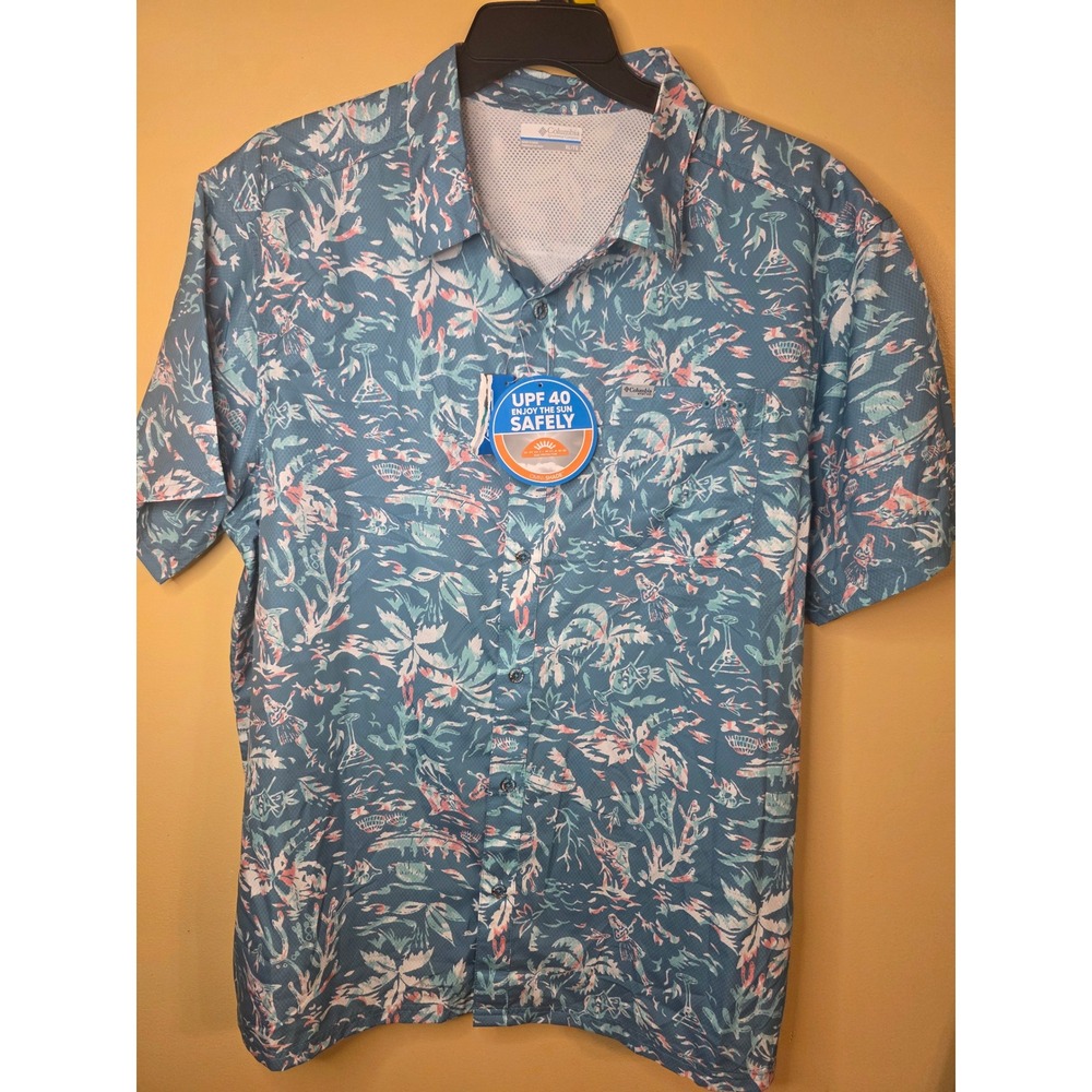 Columbia PFG Mens XL Blue Tropical Coral Palm Print UPF 40 Fishing Shirt NEW